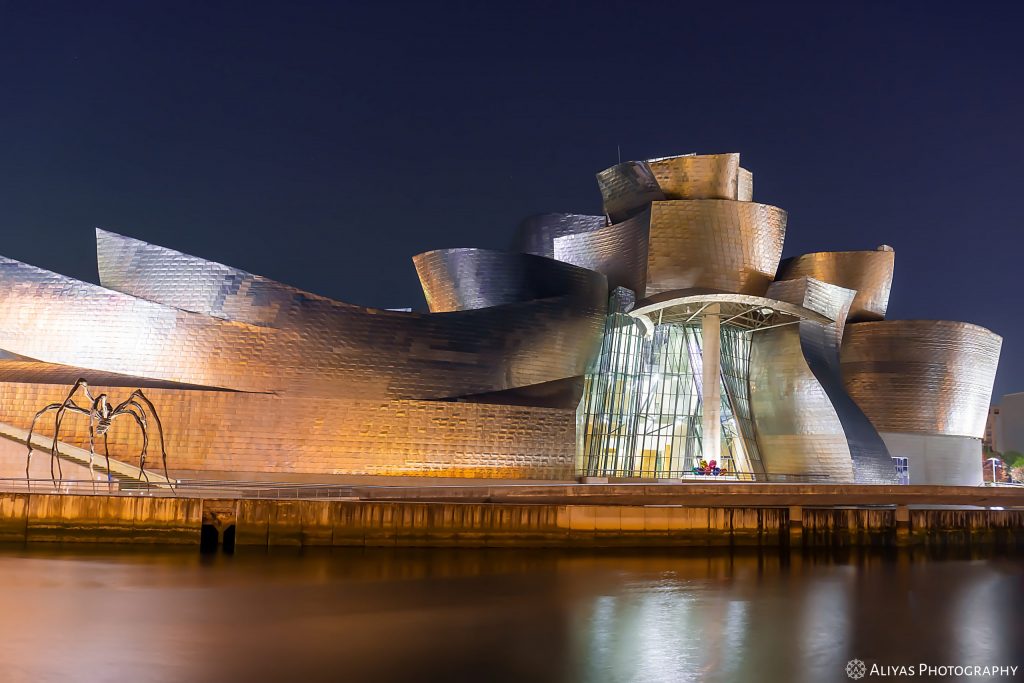 You can see the Guggenheim Museum in Bilbao in Spain (Basque County) at night.