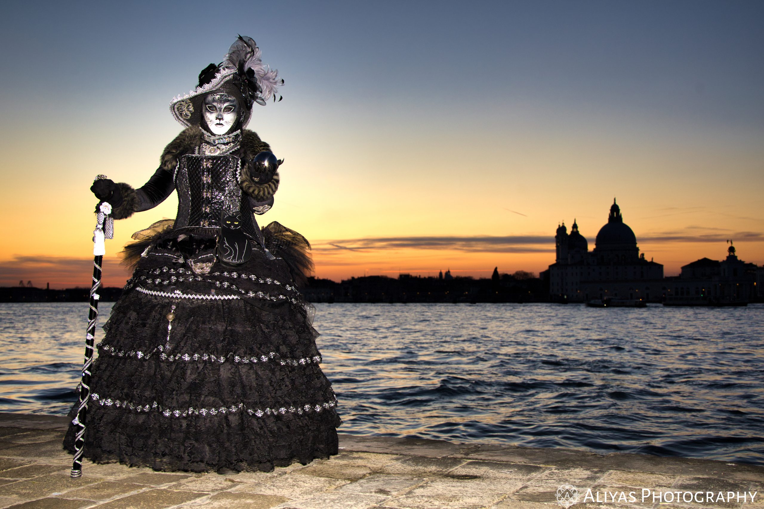 On this picture, you can see a woman wearing a black and silver costume in the Carnival of Venice in 2020. She wears a black and white cat mask. Her accessory is a black/silver stick.