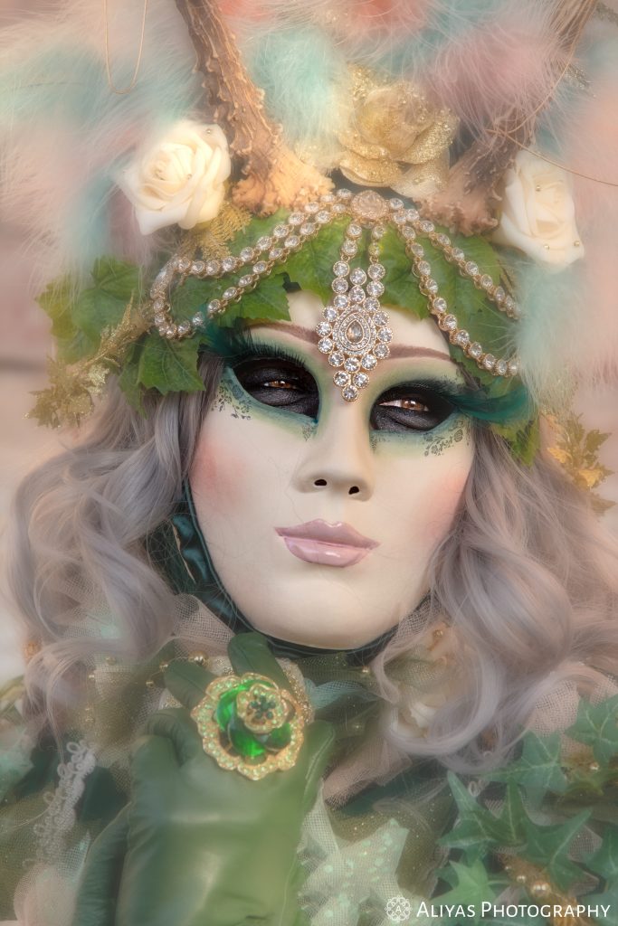 On this picture, you can see a close-up picture of woman waering a white mask in the Carnival of Venice 2019. She wears an elaborate head piece decorated with green leaves.