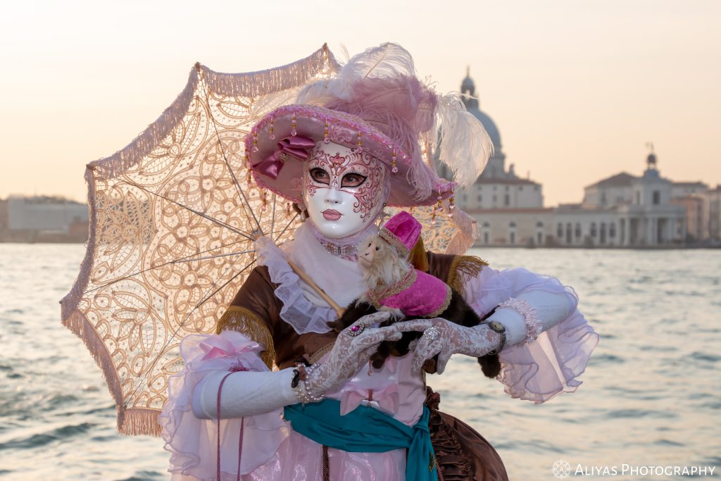 On this picture, you can see a woman wearing a dusty pink and red-brown costume in the Carnival of Venice in 2019. Her accessory is a soft toy (monkey) and a lace umbrella.