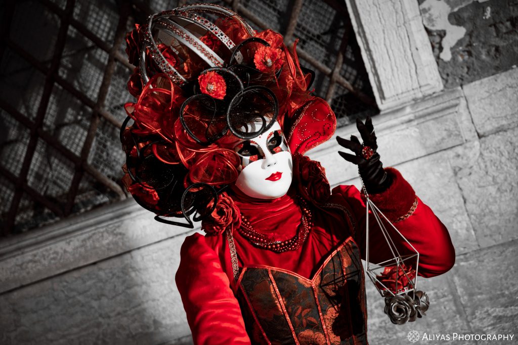 On this picture, you can see a woman wearing a red and black costume in the Carnival of Venice in 2020. Her accessory is a rose.