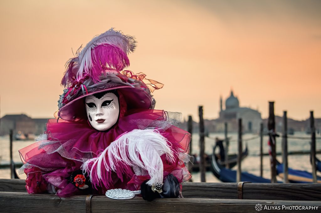 On this picture, you can see a woman wearing a pink costume in the Carnival of Venice 2018. She wears a hat covered with white and pink feathers. She also has a silver mirror.