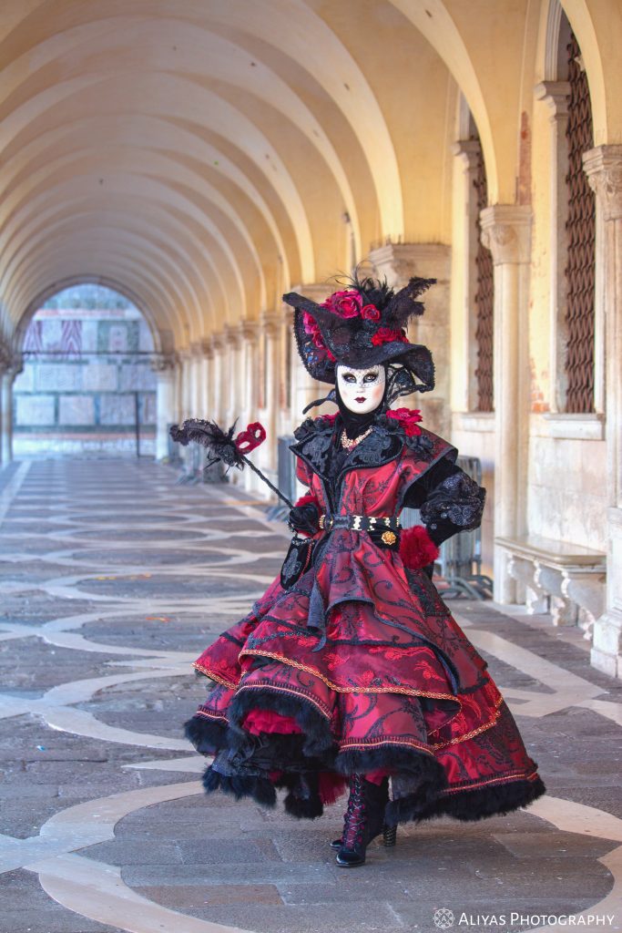 On this picture, you can see a woman wearing an elaborate red-black costume in the Carnival of Venice 2018. She carries a stick to whom a red mask and black feathers are attached.
